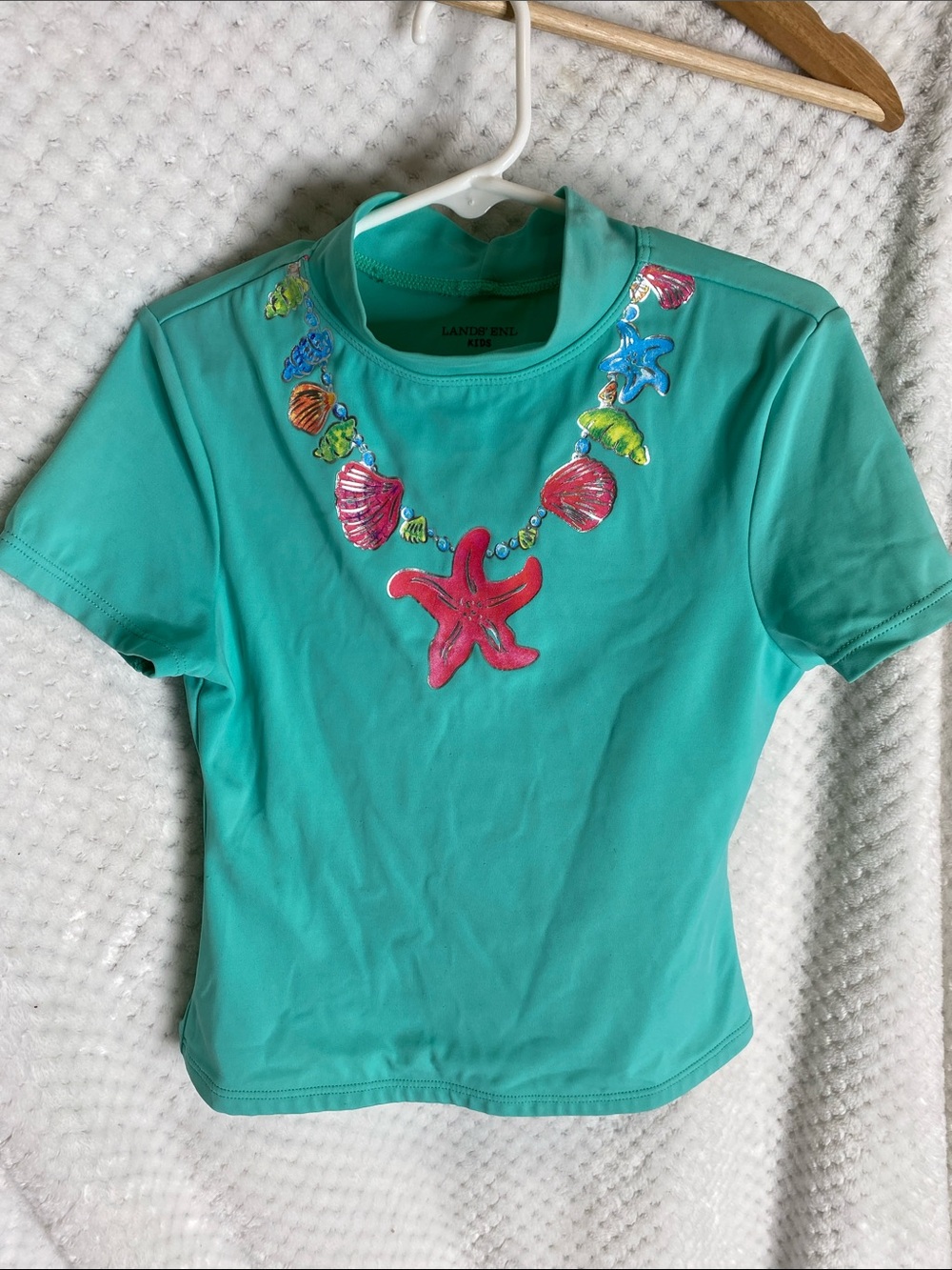 Lands' End Turquoise Short Sleeve Rashguard Swim Shwith Seashell & Starfish